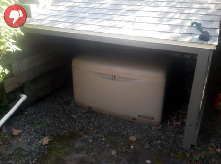 Another Bad Generator Installation Generator installed in a tiny doghouse style shed.